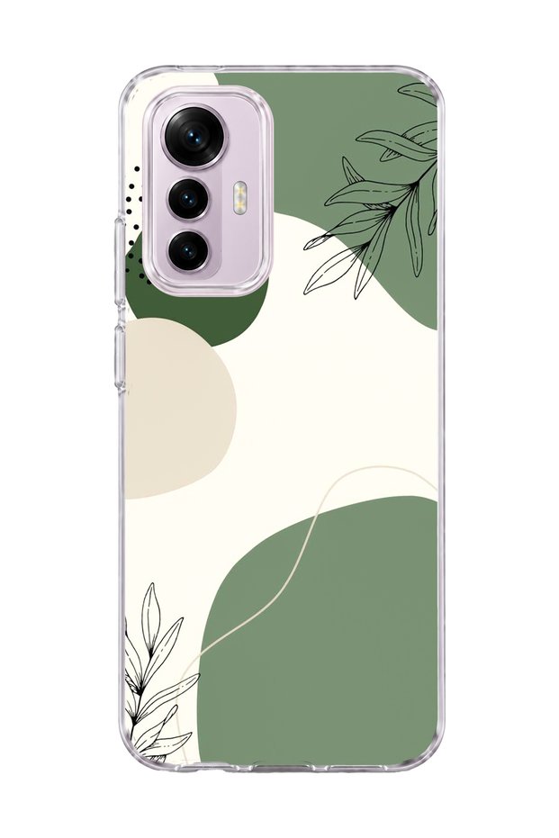 Mi 12 Lite Compatible Green Abstract Leaf Printed Transparent Phone Case