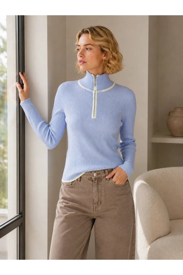 Women's Stand Collar Half Zipper Ribbed Cotton Knitwear Sweater with Piping Detail 12533