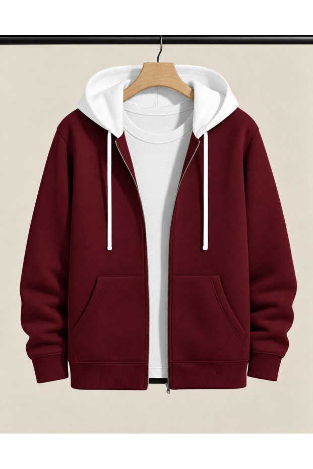 Unisex Burgundy White Gray Hooded Oversize Cardigan 2 Yarn Medium Thickness