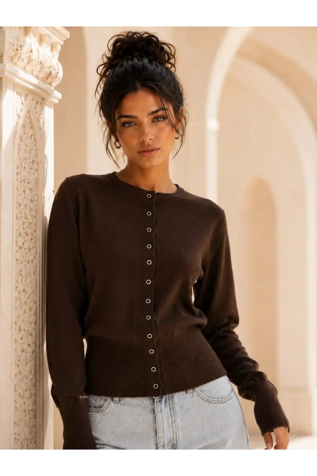 Women's Crew Neck Snap Button Premium Flexible Knitwear Cardigan 12531