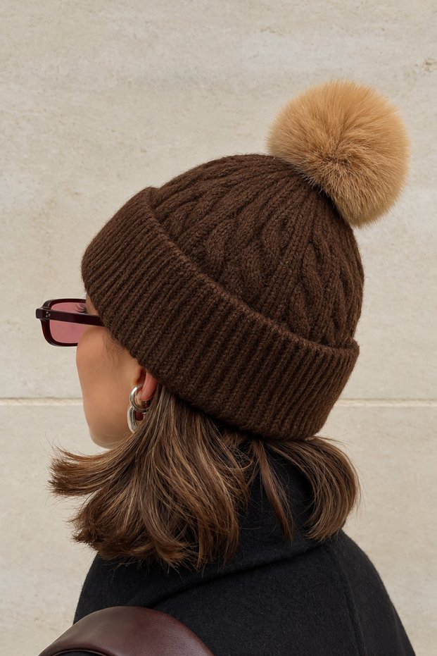 Pompom Detailed Hair Braid Patterned Knitted Beanie