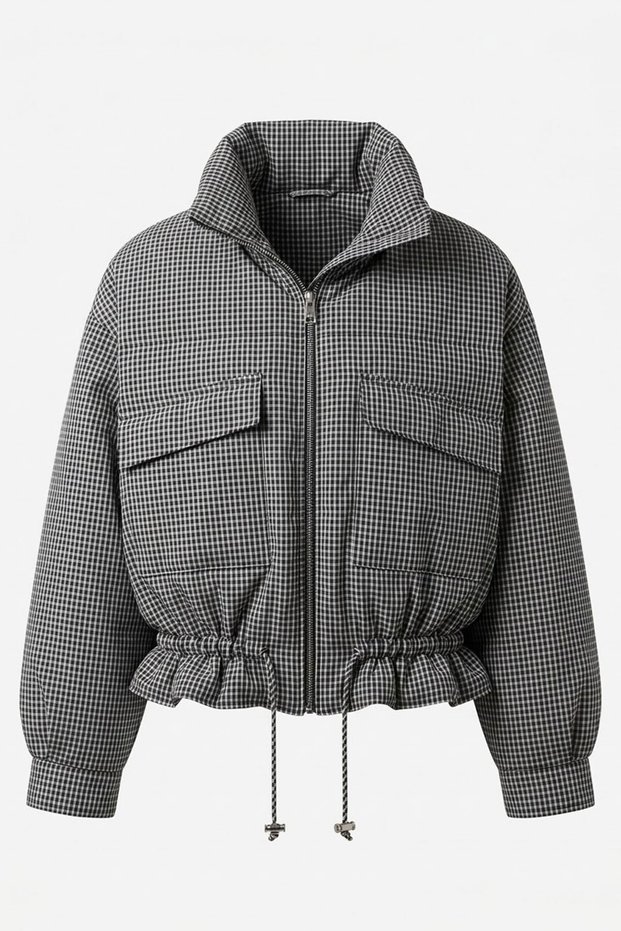Standing Collar Padded Plaid Bomber Coat - Gray