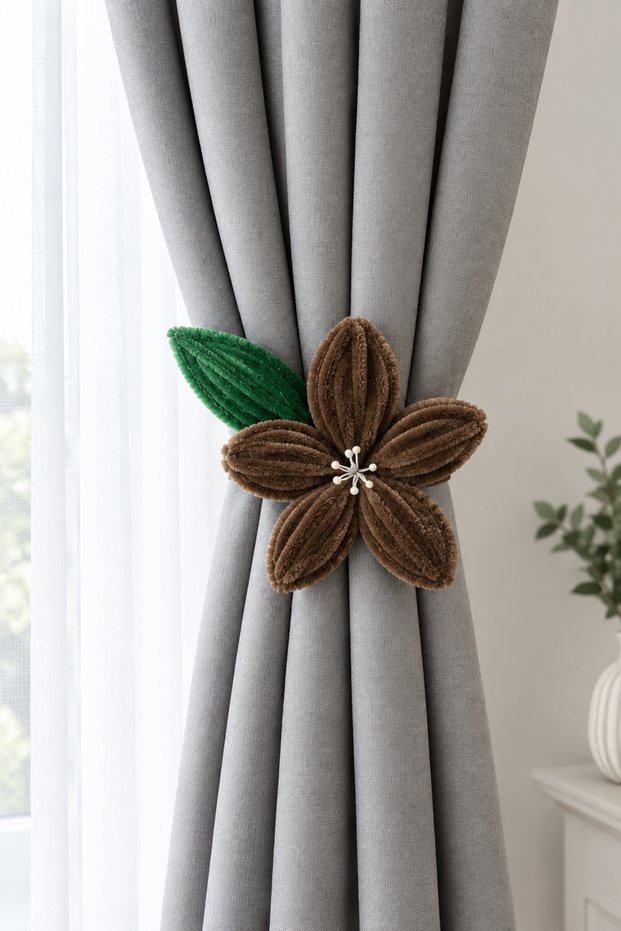 Handmade Chenille Fabric Brown Floral Background Curtain Holder – Decorative Curtain Collector and Curtain Accessory