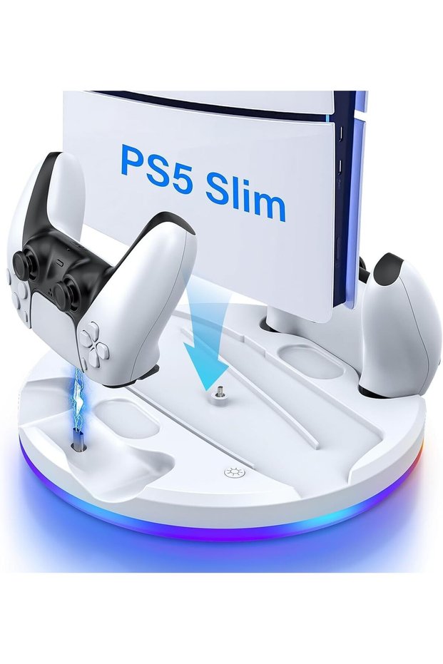 حامل عرض عمودي لجهاز PS5 مع شاحن مزدوج للتحكم، وخطاف لسماعة الرأس، وإضاءة RGB، وتبريد هادئ لـ