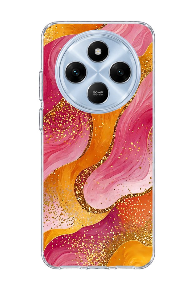 Redmi 14C Compatible Gold Glitter Wave Printed Transparent Phone Case