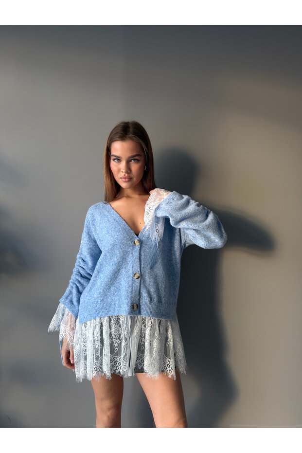 Soft Textured V-Neck Cardigan with Lace Skirt and Sleeves