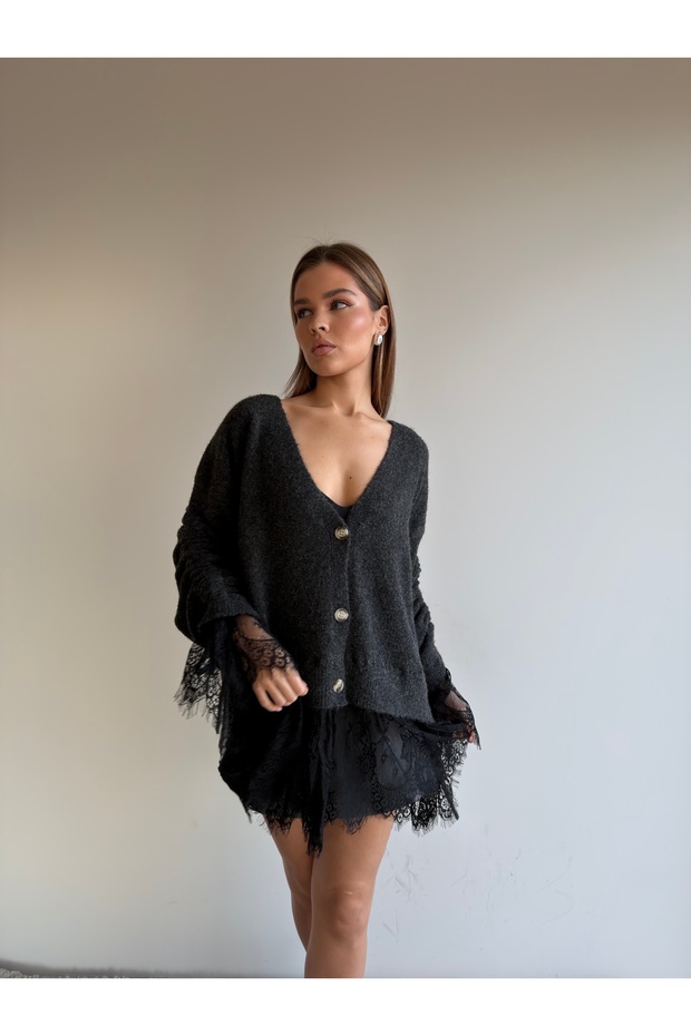 Soft Textured V-Neck Cardigan with Lace Skirt and Sleeves