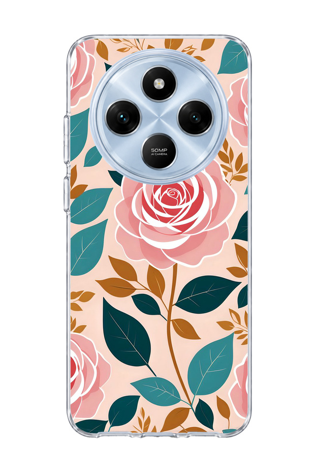 Redmi 14C Compatible Pink Rose Leaf Printed Transparent Phone Case