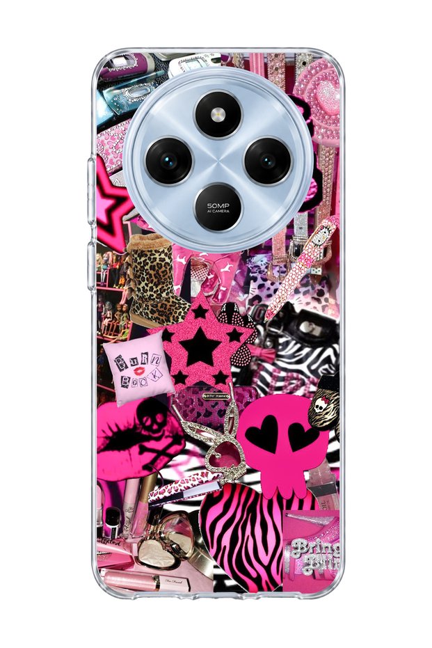 Redmi 14C Compatible Pink Star Zebra Printed Transparent Phone Case
