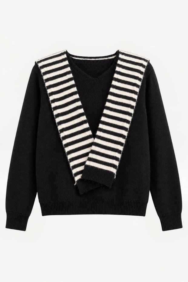 Women's Shawl Collar Black and White Striped Knitwear Sweater