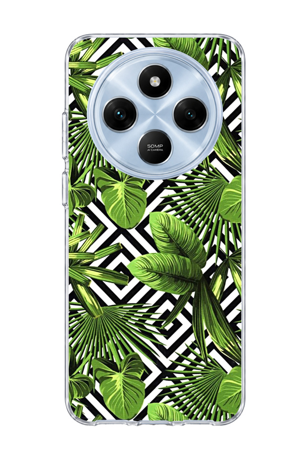 Redmi 14C Compatible Tropical Leaf Geometric Printed Transparent Phone Case
