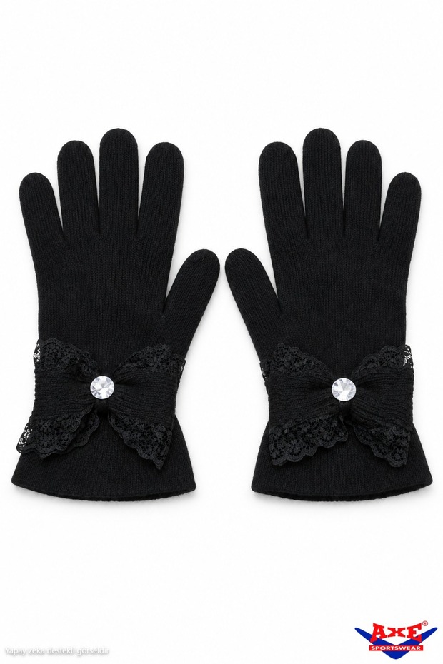 Women's Winter Black Stoned Lace Ribbon Bow Detailed Wool Knitted Gloves