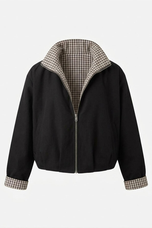 Bomber Jacket with Zipper and Pleated Details - Black