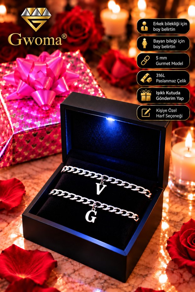 Men's Steel Letter Couple Bracelet - 5mm Gourmet Model Letter Couple Bracelet in Lighted Box 316 L Stainless Steel