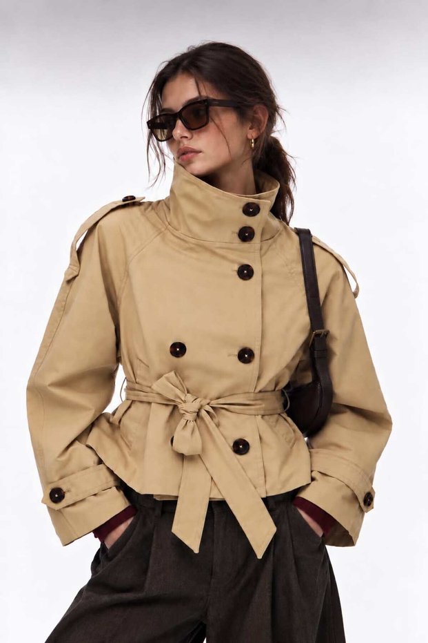 Model: Stand-Up Collar, Back Windbreaker Detail, Lined Women's Trench Coat Jacket Trench Coat