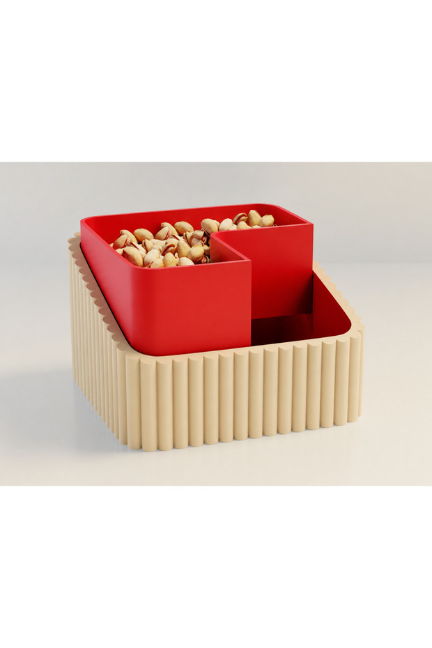 3D Printed Peanut Bowl - Dual Chamber Shell Separator Presentation Bowl - Beige Red