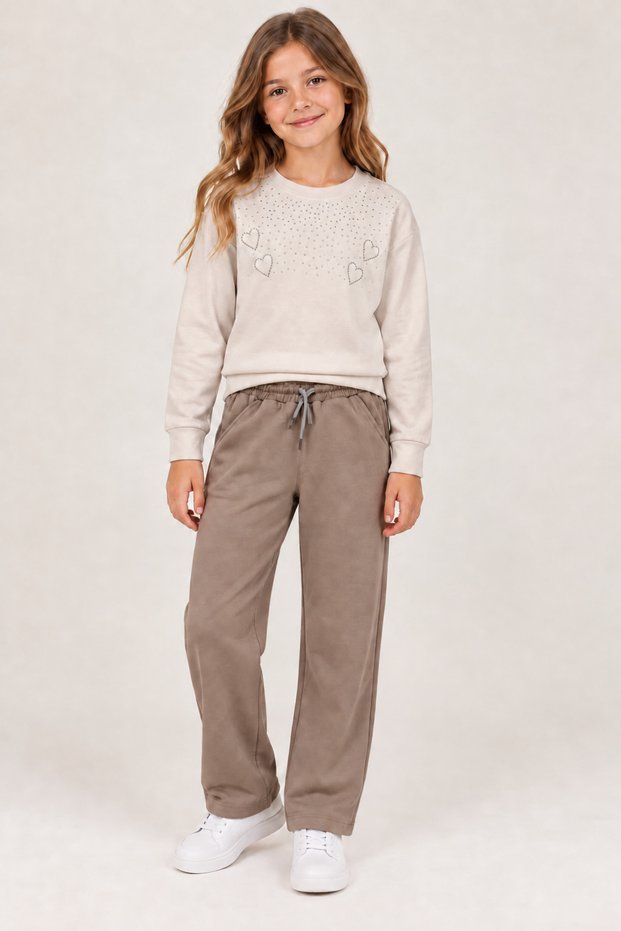 52310-26 Girl's Stone Embroidered Heart Patterned Sweatshirt and Sweatpants 2-Piece Set 7-10 Years Old