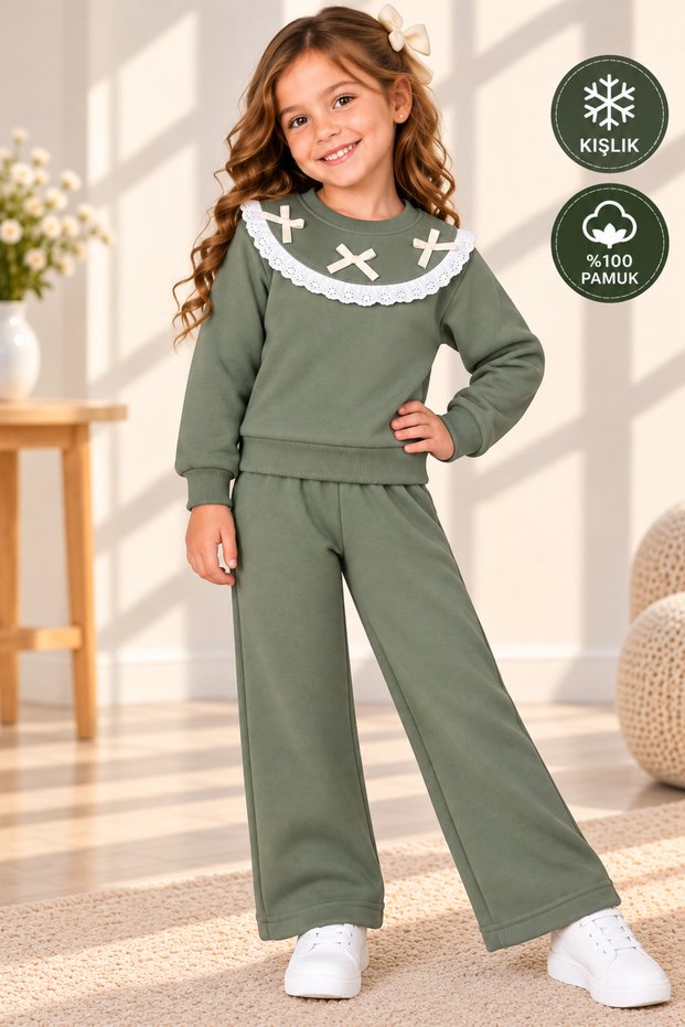 Winter Girls' Lace Detailed 3 Thread Ruffled Top and Bottom Set