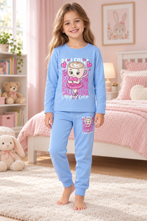 Girl's Pajama Set, 100% Cotton, Long Sleeve, 30/1 Combed Cotton Single Jersey, Blue