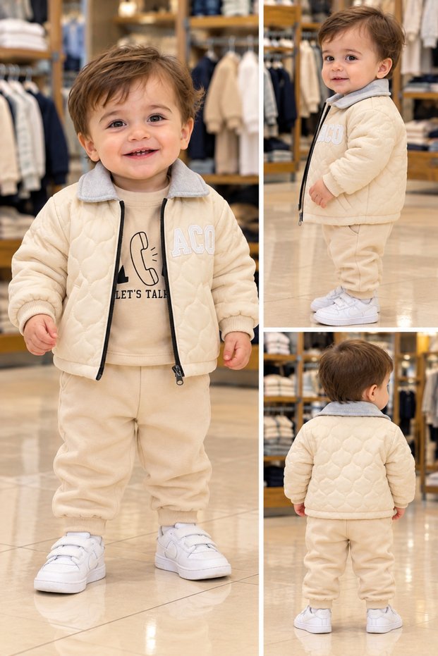 Boy's cotton-lined 3-piece set: jacket, sweater, and bottoms tracksuit