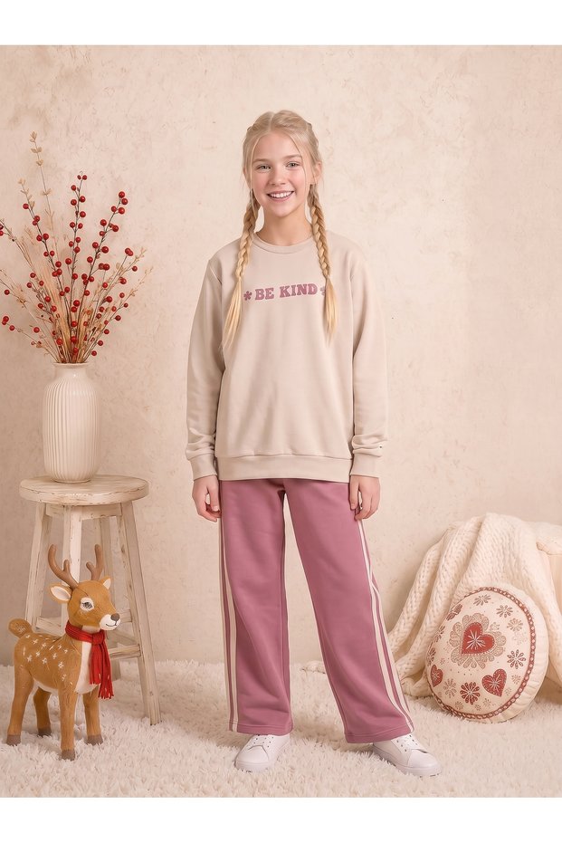 Girls & Teenagers Interlock Striped Back Printed Straight Leg Long Sleeve Pajama Set Beige