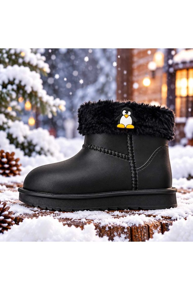 Children's Black Winter Boots with Furry Panda Figure, Thick Sole, Waterproof
