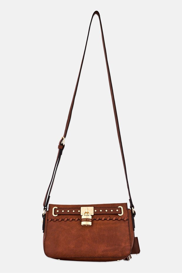 Women Brand Logo Studded Cross Body Bag, Brown