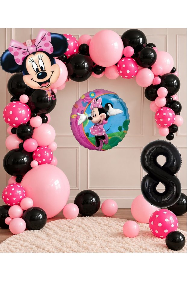 Party 8 Years Old Minnie Mouse Themed Pink Black Polka Dot Birthday Balloon Chain and Party Decoration Set