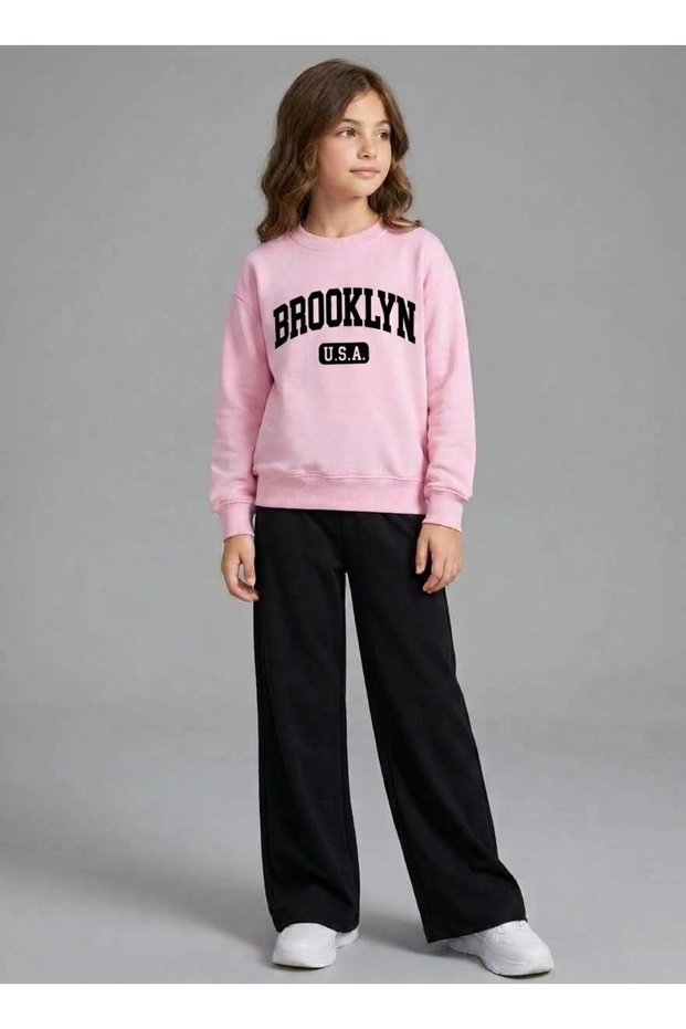 Winter Girls' Pink Brooklyn U.S.A. Printed Sweatshirt and Black Wide-Leg Sweatpants Set