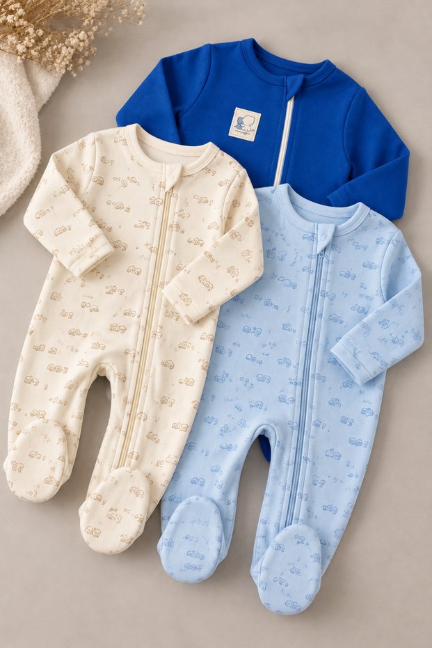 Baby Boy 3-Piece Newborn Baby Jumpsuit Set with Zippered Booties, 100% Cotton