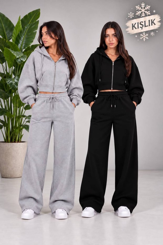 Winter Shardooned Two-Piece (Black+Gray) Flat-Leg Trackpants