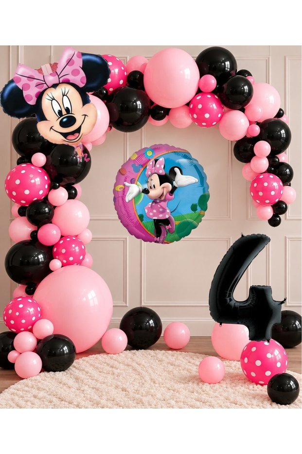 Party 4 Years Old Minnie Mouse Themed Pink Black Polka Dot Birthday Balloon Chain and Party Decoration Set