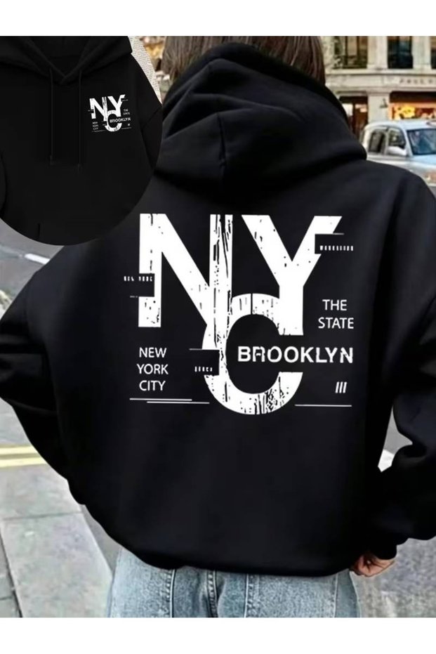 Unisex Nyc Brooklyn Written Two-Way Design Premium Hooded Oversize Sweatshirt with 2 Yarns