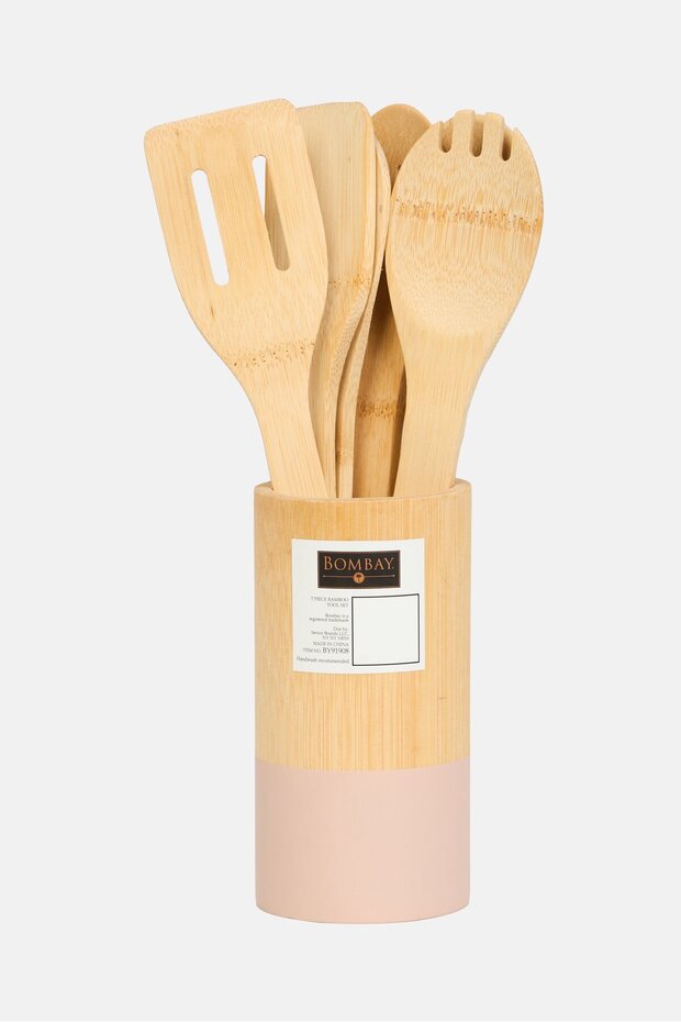 7 Bamboo Kitchen Utensils with Round Storage Crock