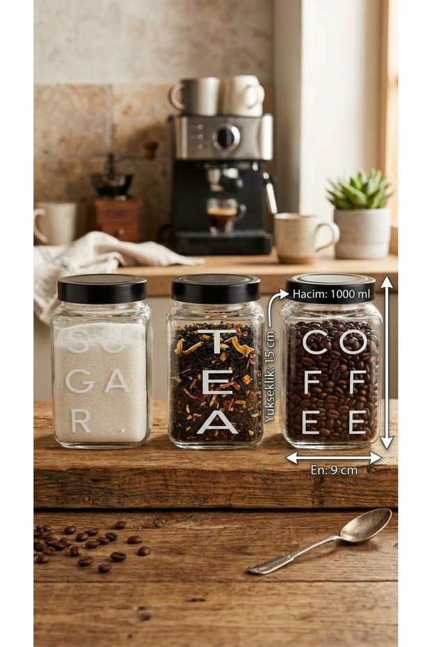 Set of 3 1000 ml Square Glass Jars with Black Lids / Spice Container / Tea and Coffee Storage Container (15X9 cm)