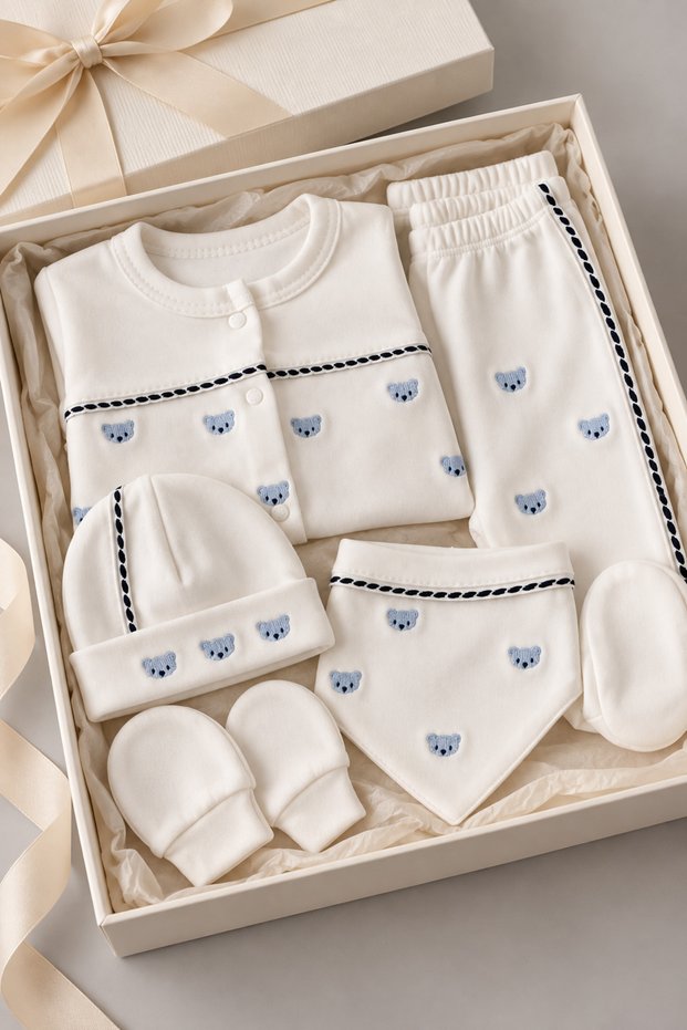 Blue Teddy Bear Embroidered Navy Blue Stripe Detailed Boxed 5 Piece Newborn Baby Boy Hospital Discharge Set 100% Cotton