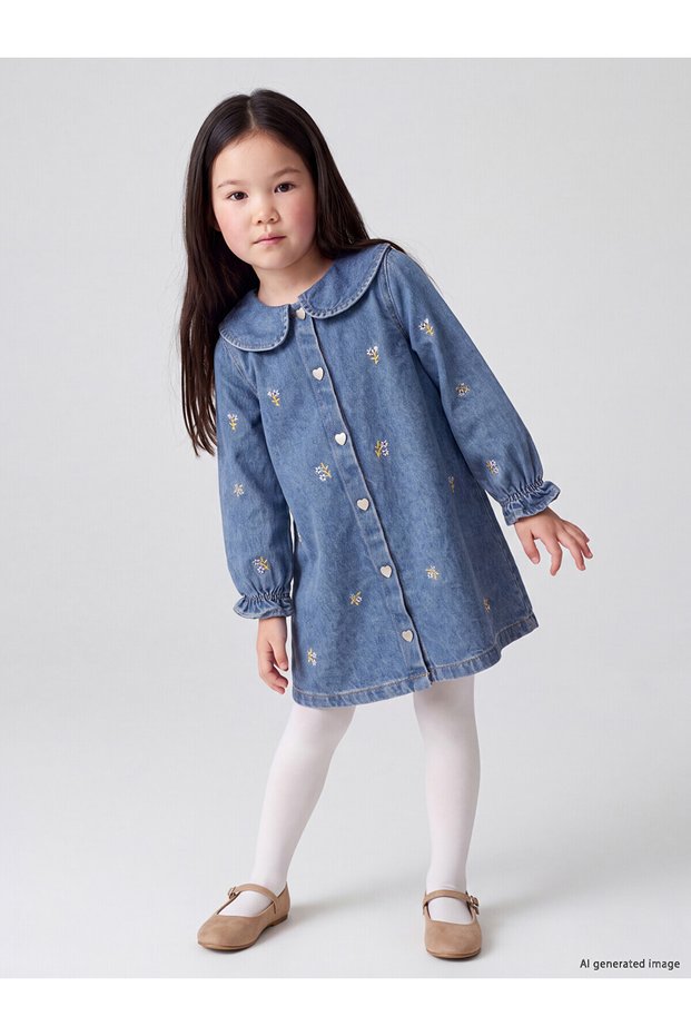 Peak New Season Indigo Baby Collar Floral Embroidered Girls' Dress.