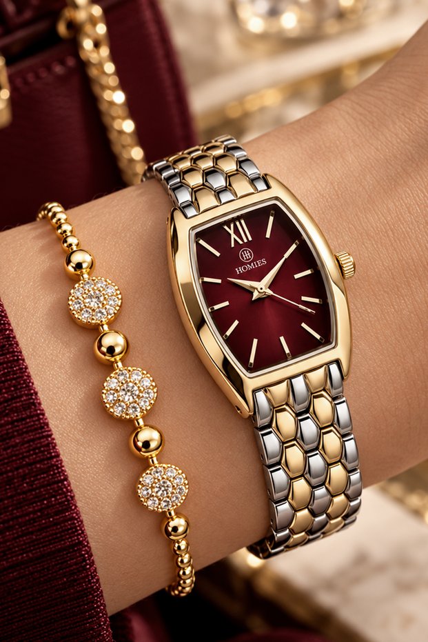 Square Case Gold Silver Claret Red Women's Wristwatch - 3 Atm Waterproof Steel Band Japanese Movement Gift Special Boxed Hmby2081C1