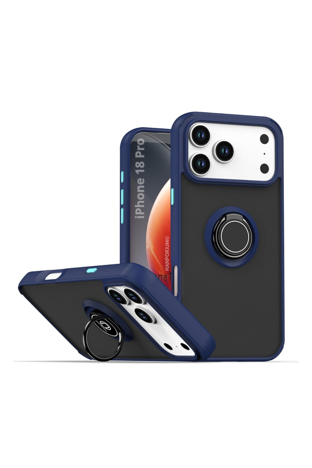 Apple iPhone 18 Pro Compatible Case with Ring Stand Full Impact Protection Hard Silicone Cover Navy Blue