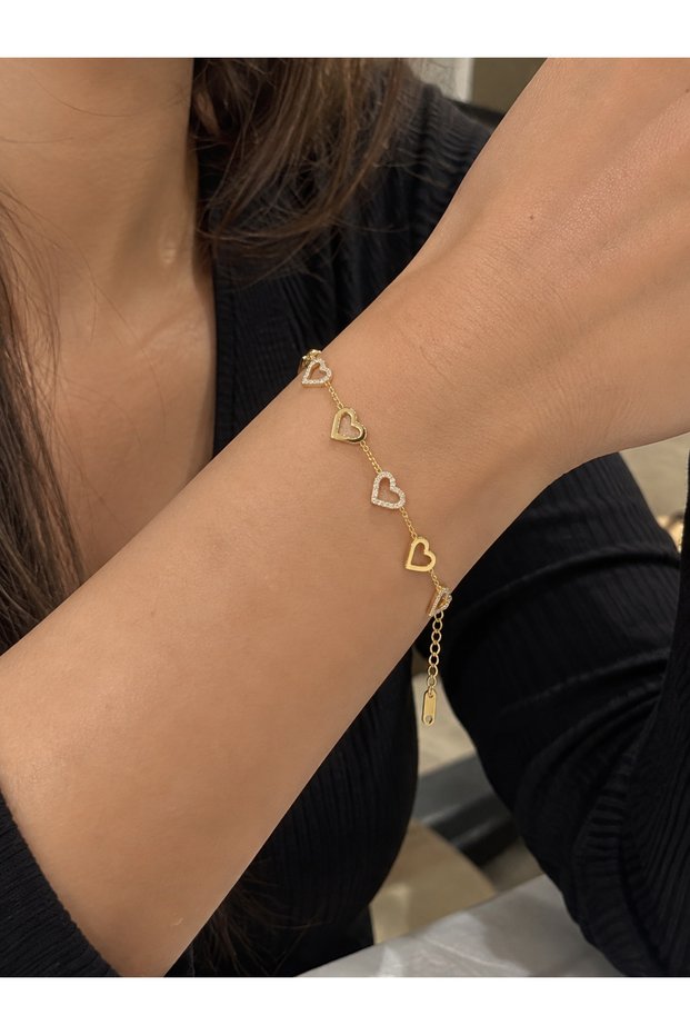 Women's Bracelet with Gold Color Stones and Flat Heart Figures