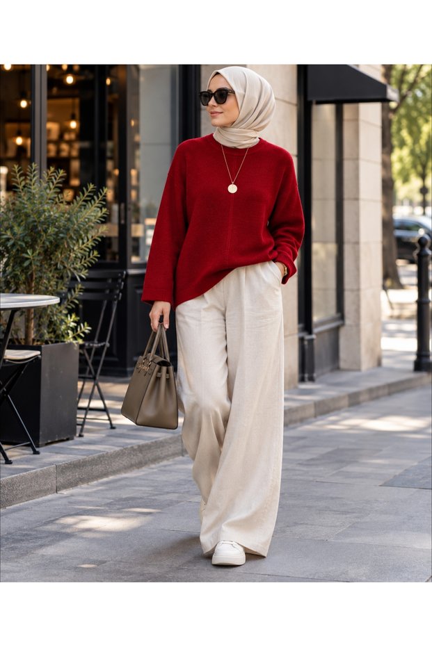 Women's Soft Textured Front Stitching Detailed Crew Neck Loose Long Sleeve Knitwear Sweater