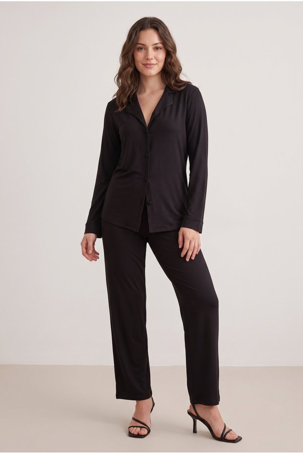 Women's Front Buttoned V-Neck Long Sleeve Nightgown and Loungewear Set Relaxed Fit