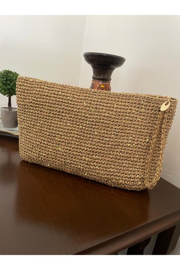 Handmade Gold Color Glitter Cream Clutch Bag, Hand Bag, Zipper Closure, Lined, with Pockets
