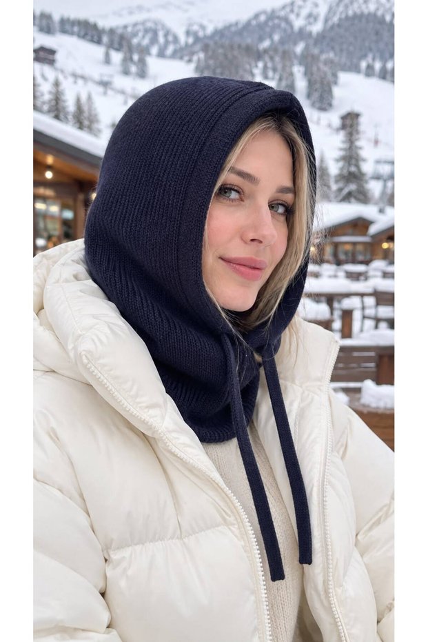 Navy Blue Soft Textured Knitwear Women's Balaclava Beanie