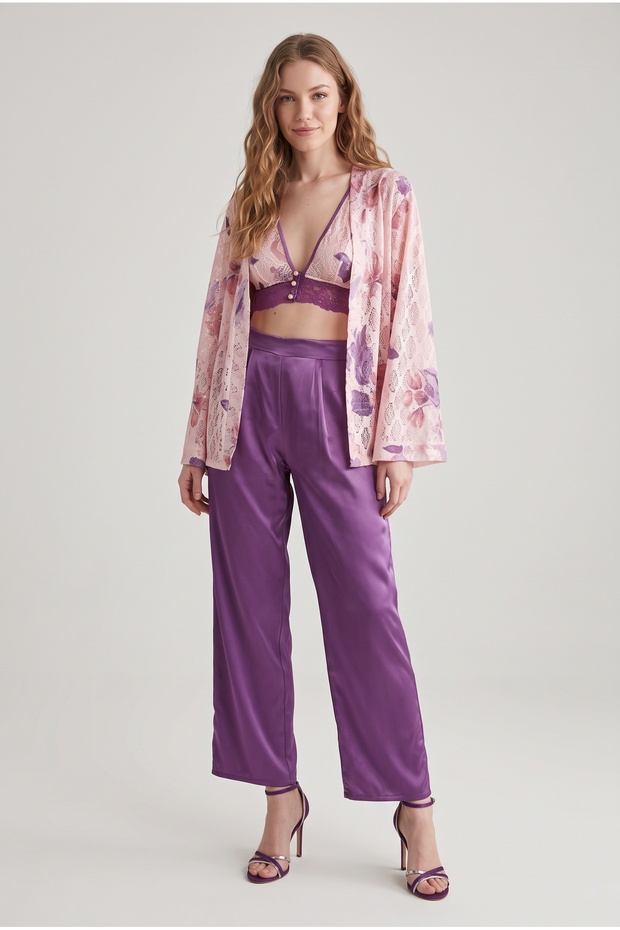 Women's Purple Floral Patterned 3-Piece Set - Kimono, Bralet and Trousers Set