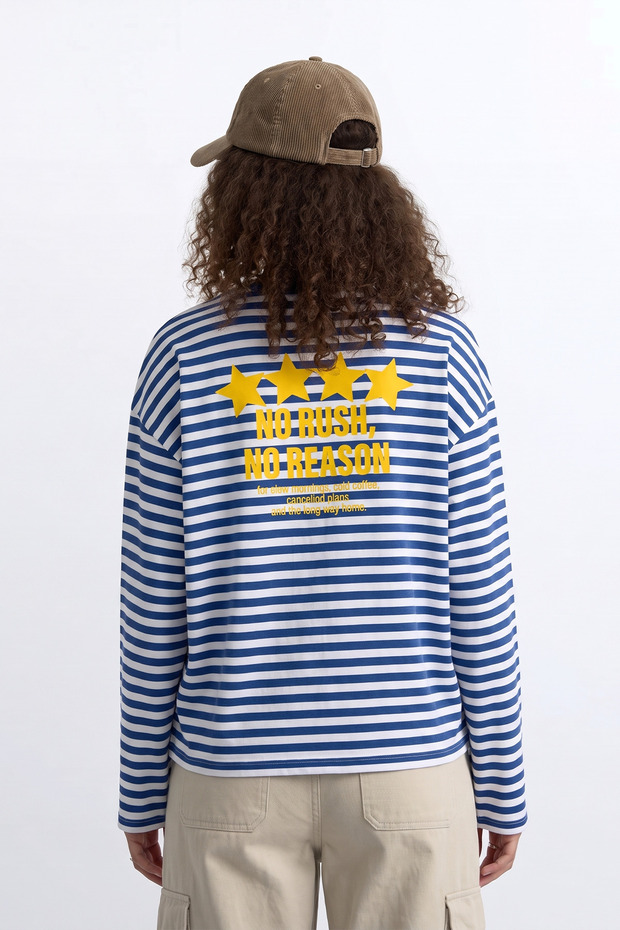 Unisex Oversize Long Sleeve T-Shirt 100% Cotton Striped Star Printed Boxy Fit T-Shirt