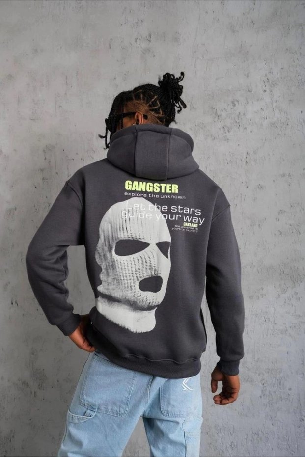Men's Printed Hooded 3-Thread Cotton Loop Hoodie Sweatshirt - Gray