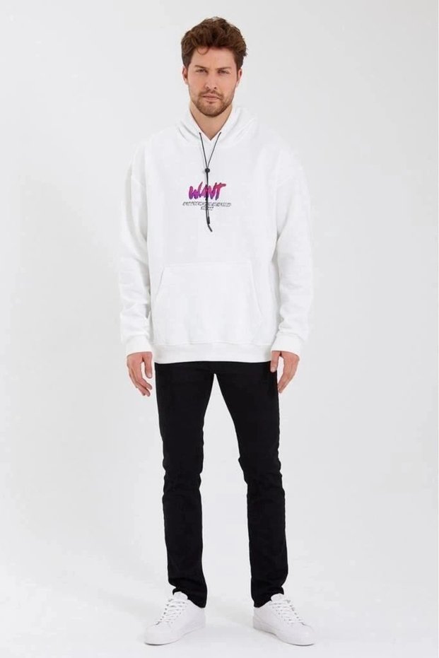 Marchè Bien Men's 3 Thread Cotton Hooded Printed Oversize Sweatshirt Hoodie with Pockets - White