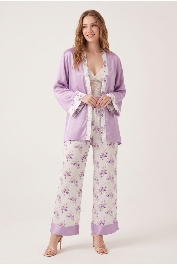 Women's Lilac Floral Patterned Triple Pajama Set with Robe, Stylish Home Wear