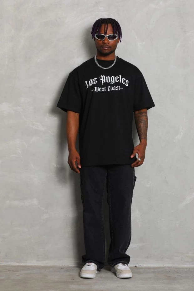 Men's Printed T-Shirt Short Sleeve Crew Neck Oversize T-Shirt - Black